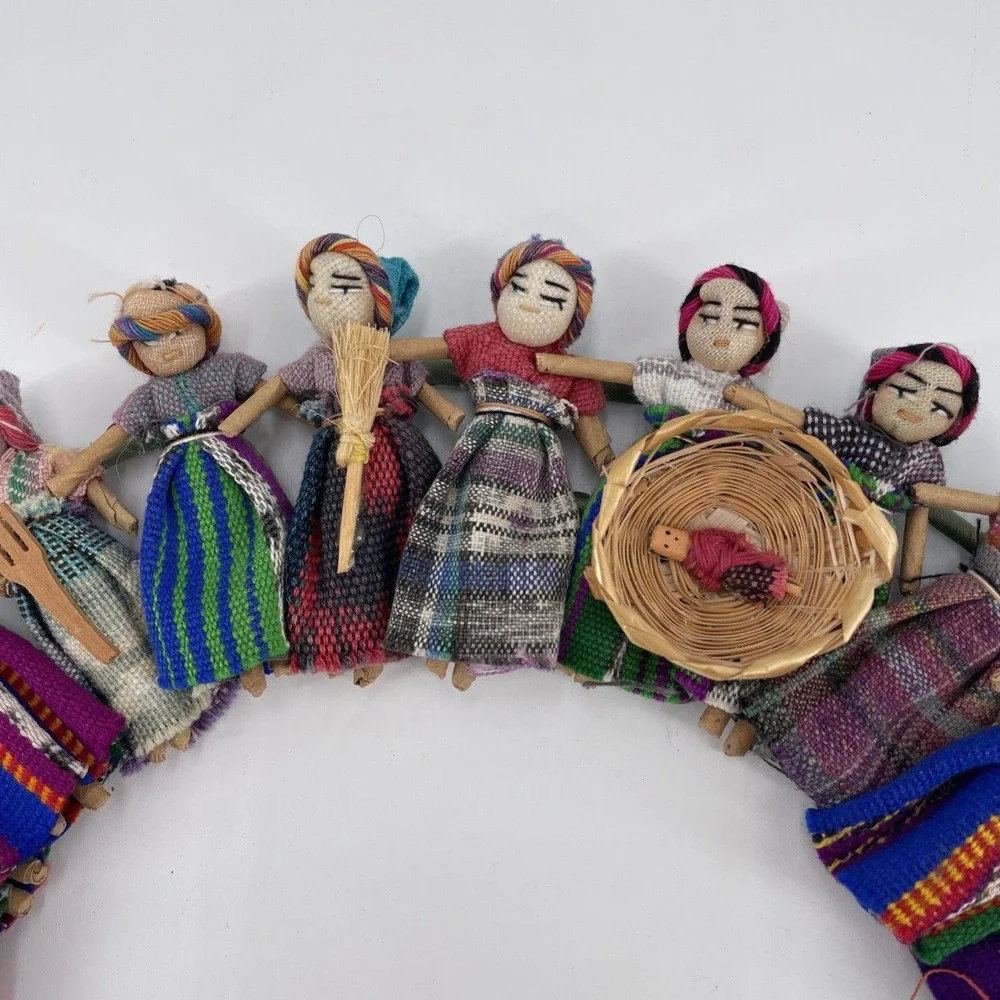 Handmade Guatemalan Worry Doll Wreath 12.5in Colorful FolkArt Wall Hanging Decor